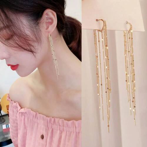 Luxury Alloy Long Tassel Hoop Earrings Gold/Silver Fashion A