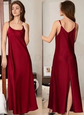 Sexy Split Chemise Sleepwear Women Long Spaghetti Strap Nigh