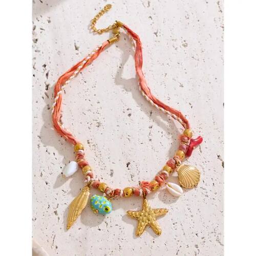 Fashion Red Rope Braided Handmade Necklace Drop Ceramic Shel