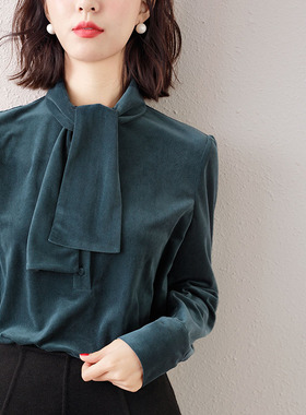 EchoColl蓝色灯芯绒衬衫女复古港味上衣2020新款春秋洋气长袖衬衣