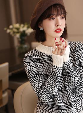 复古港味日系双色提花羊毛针织毛衣女套头宽松慵懒风外穿秋冬上衣