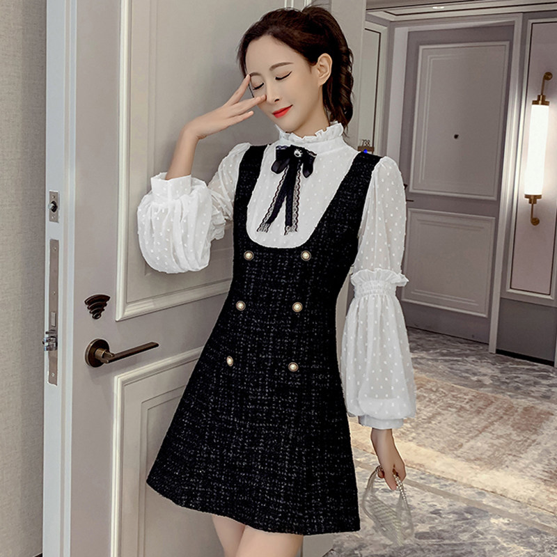 欧式宫廷蝴蝶结拼接假两件长袖连衣裙女2020秋冬装大码女装遮肚子