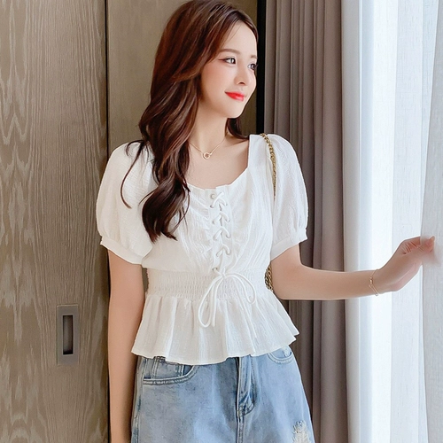 Корсет, шифоновая короткая летняя рубашка, на шнурках, квадратный вырез, короткий рукав