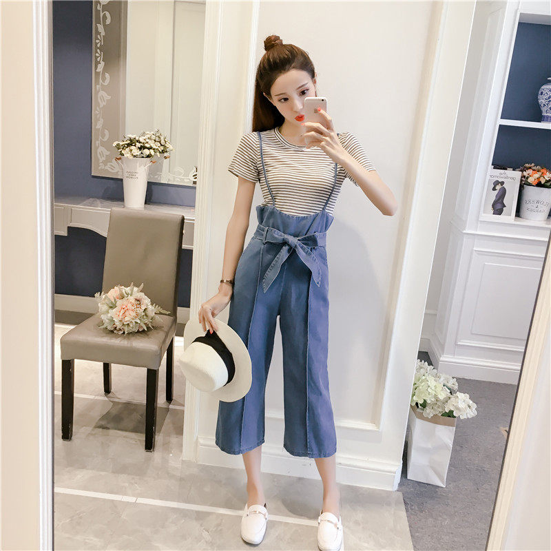 小清新學生短袖條紋t恤+吊帶連體褲兩件套闊腿牛仔連身褲套裝女夏在類目 女裝/女士精品, 褲子, 休閒褲中 - 來自Buy2taobao.com提供專業的淘寶代購服務