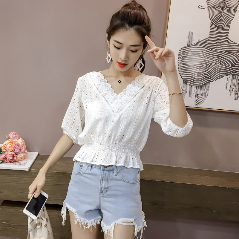 衬衫女2020新款春夏装韩版显瘦百搭七分中袖蕾丝超仙短款上衣夏潮