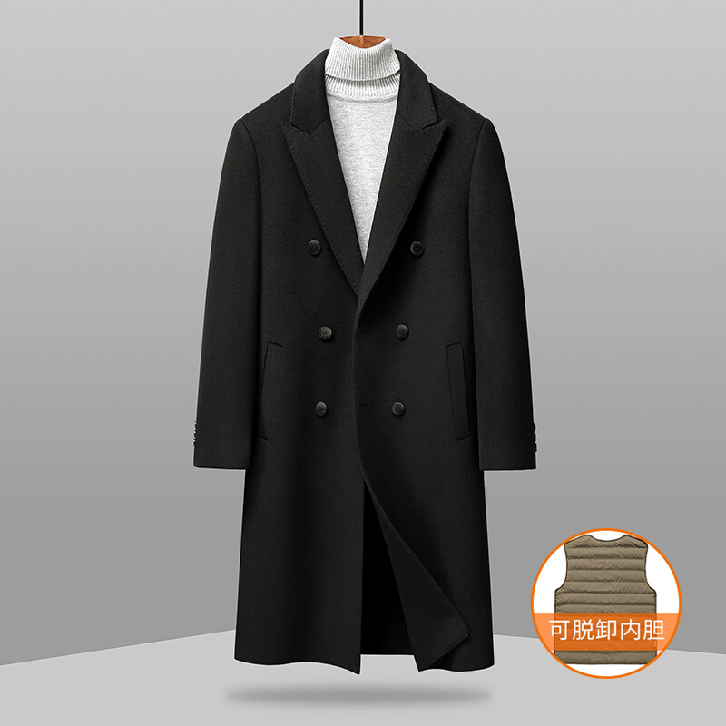 19033/P360加长过膝款100%羊毛双面尼男士可脱卸羽绒内胆大衣外套