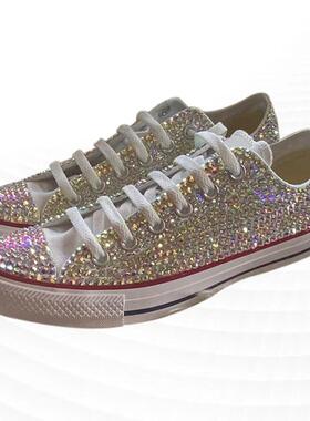 重工满钻低帮系带帆布鞋婚鞋手工定制大码白色舒适休闲女鞋35-44