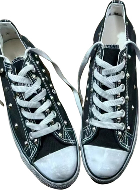 黑色低帮尖钉做旧帆布鞋大码男女情侣款暗黑风脏脏鞋柳丁鞋35-44