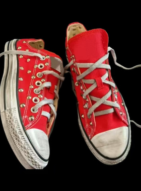 红色低帮铆钉帆布鞋大码男女情侣做旧嘻哈朋克板鞋定制款