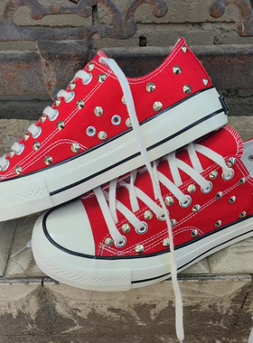 大码红色低帮尖钉帆布鞋男女潮流街舞朋克情侣鞋定制款35-44