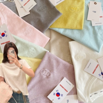 韩egg夏日麻棉简系纯色慵懒落肩圆领短袖tee女轻薄宽松上衣