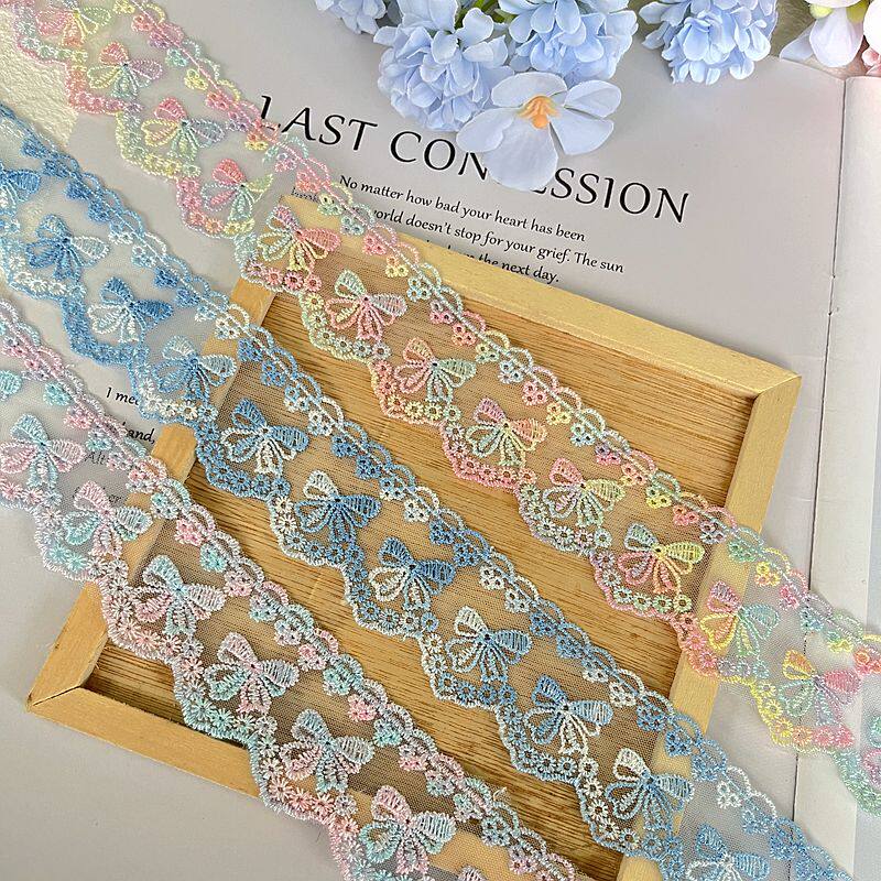 梦幻彩色网纱刺绣蝴蝶结锁边蕾丝花边 DIY手工服装辅料花边布料