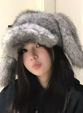 美式辣妹毛绒绒长兔耳朵鸭舌帽子女冬季加绒加厚保暖棒球帽护耳帽