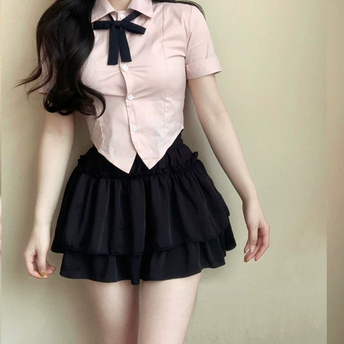 Корейская рубашка, юбка, корсет, нарукавники, комплект, с акцентом на бедрах