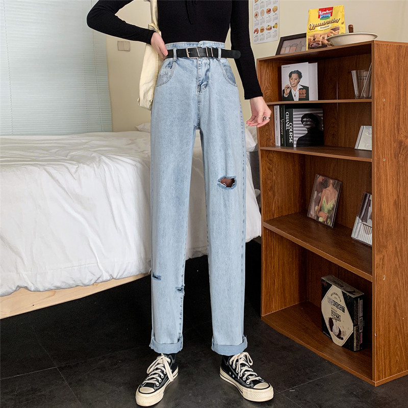 Real shot # jeans women's spring fashion high waist holed personalized Jeans Pants Capris real price