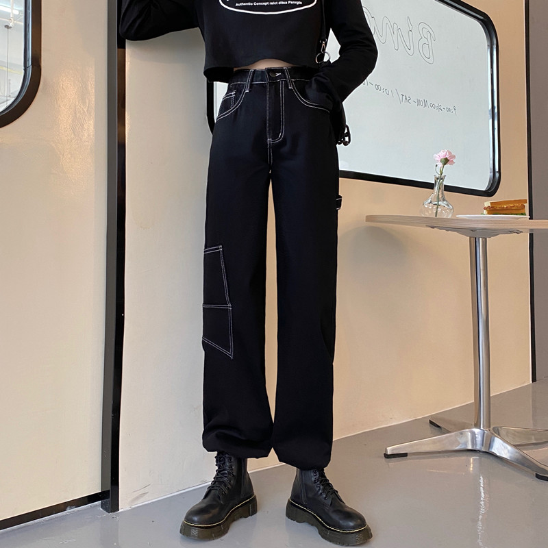 Real shot ා jeans women's autumn personality versatile large pocket wide leg pants jeans pants real price