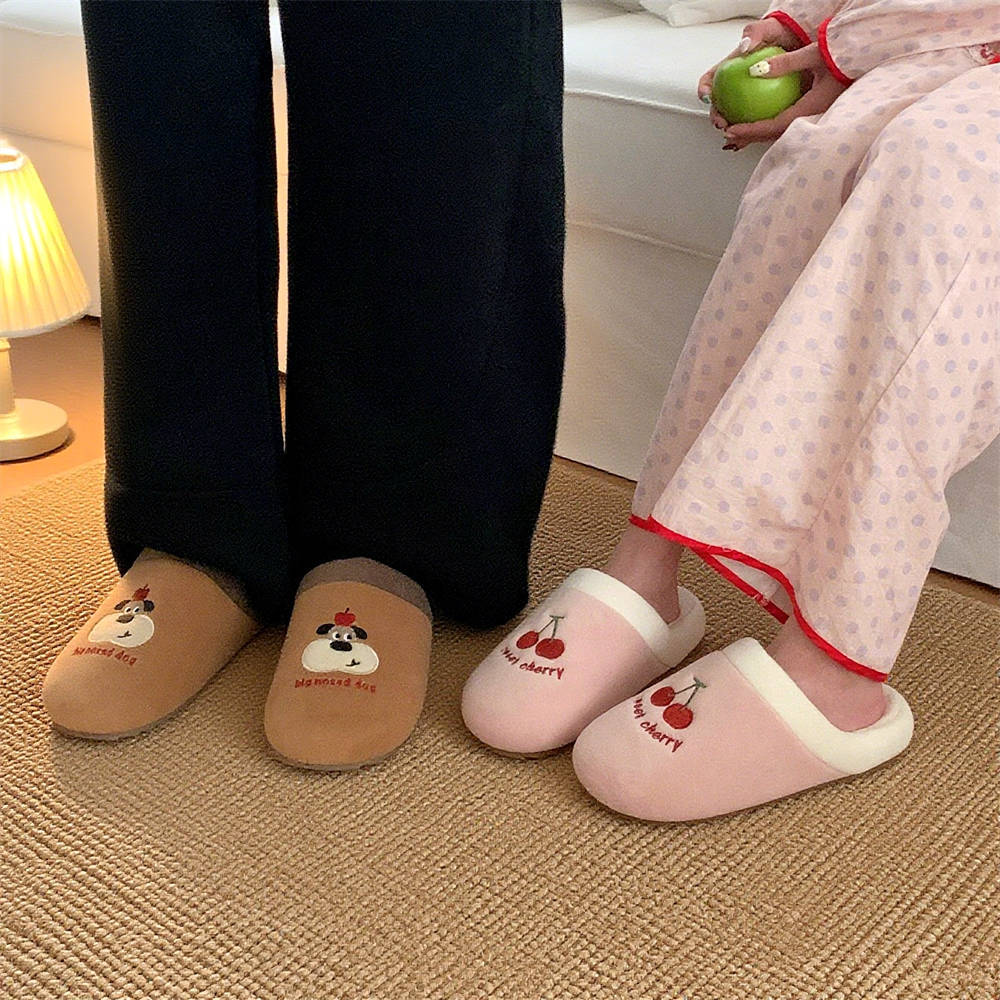 情侣樱桃小狗地板棉拖鞋家居鞋室内男女ins保暖舒适足弓毛毛鞋冬