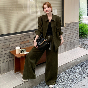 橄榄绿复古时尚衬衫阔腿裤套装女2025秋新款高级感宽松休闲两件套图片
