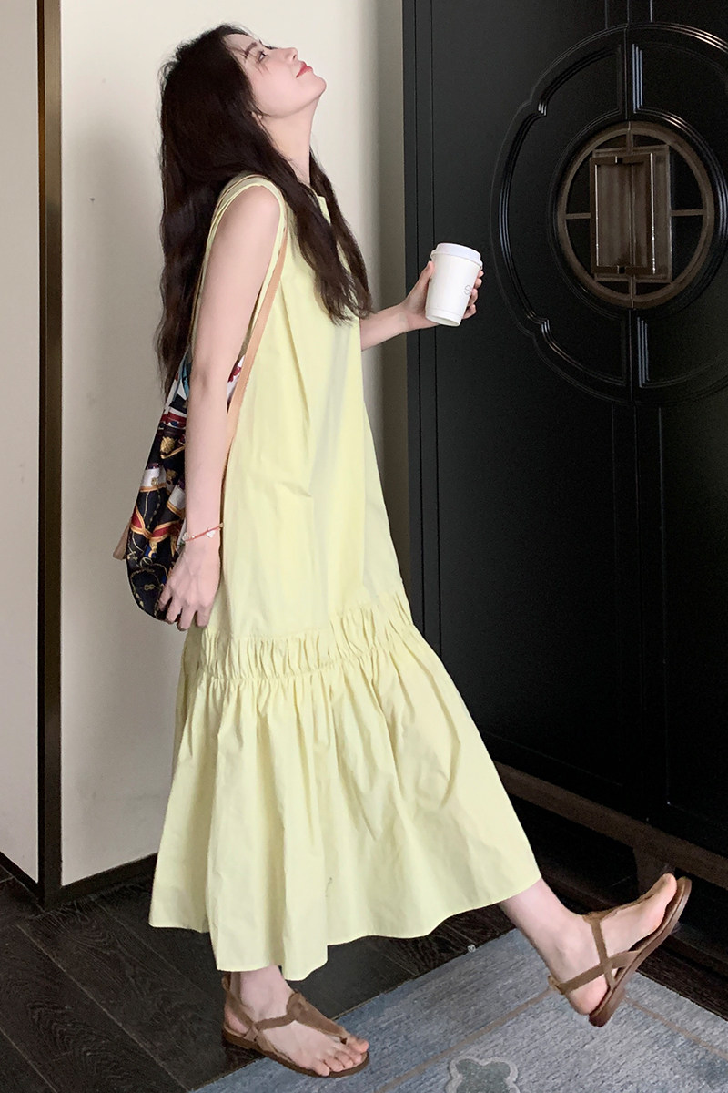 黄色无袖连衣裙女2025夏季新款韩系穿搭宽松显瘦休闲背心长裙,女装连衣裙,2C139