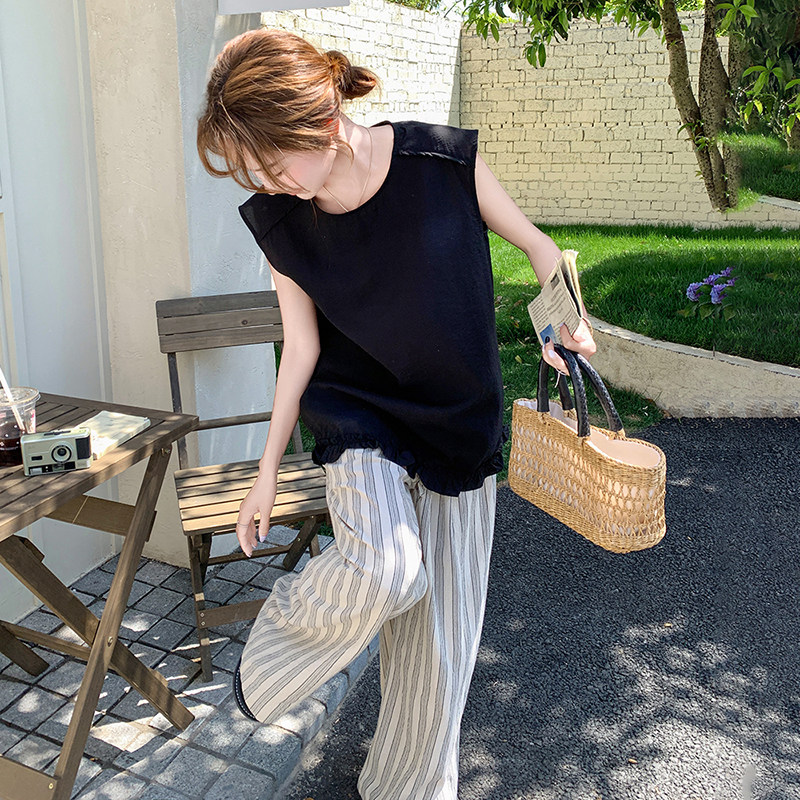 新品现货黑上衣+条纹裤阔腿裤两件套2C139-8505-P135-K198，女装套装/套裙，2C139