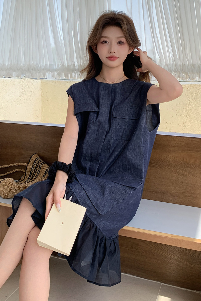 高级感拼接牛仔无袖连衣裙女2025夏季新款复古时尚宽松显瘦鱼尾裙,女装连衣裙,2C139