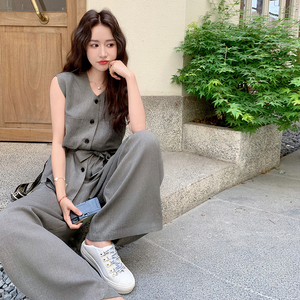 高级感通勤风穿搭灰色套装女夏2025超火好看无袖马甲阔腿裤两件套图片