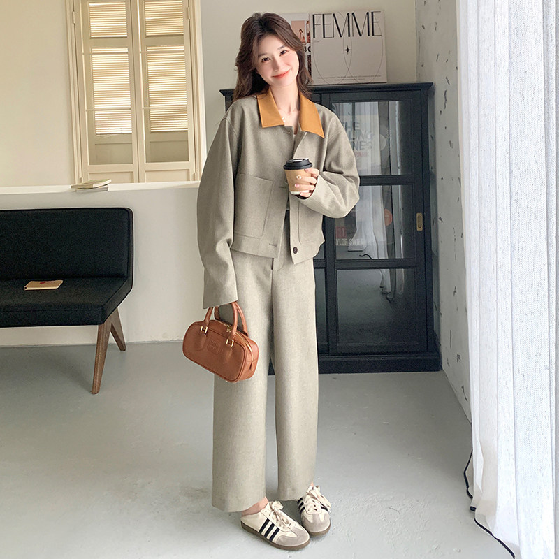 超火气质通勤穿搭灰色工装套装女春秋2025新款高级感阔腿裤两件套,女装套装/套裙,2C139
