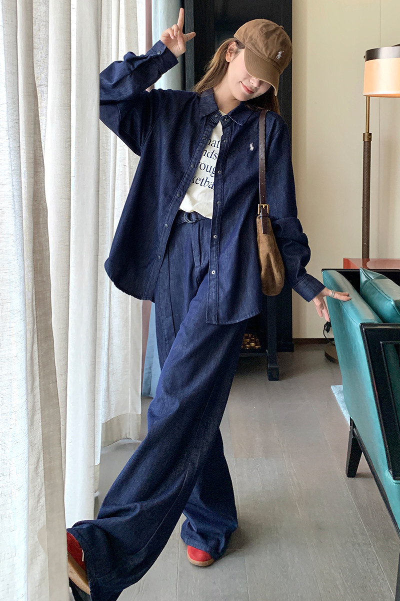 韩系氛围感穿搭藏青色牛仔女春秋2025新款慵懒风阔腿裤,女装套装/套裙,2C139