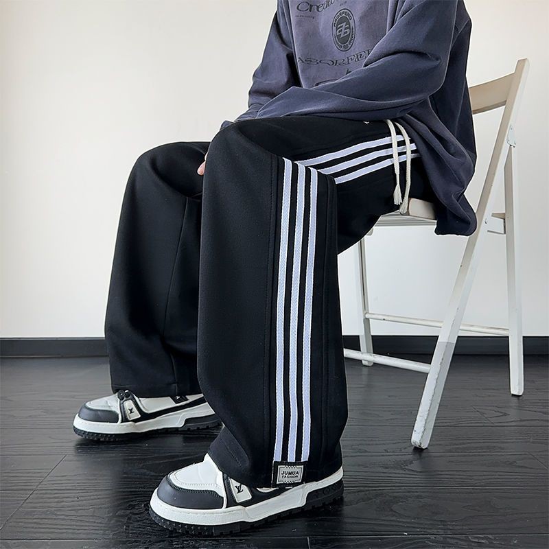 美式条纹直筒裤子男秋冬季新款加绒运动裤加肥加大码休闲阔腿卫裤