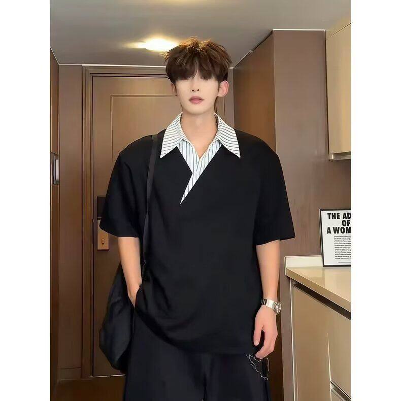 千鸟格拼接polo衫短袖男夏季老钱风复古正肩T恤cleanfit重磅半袖