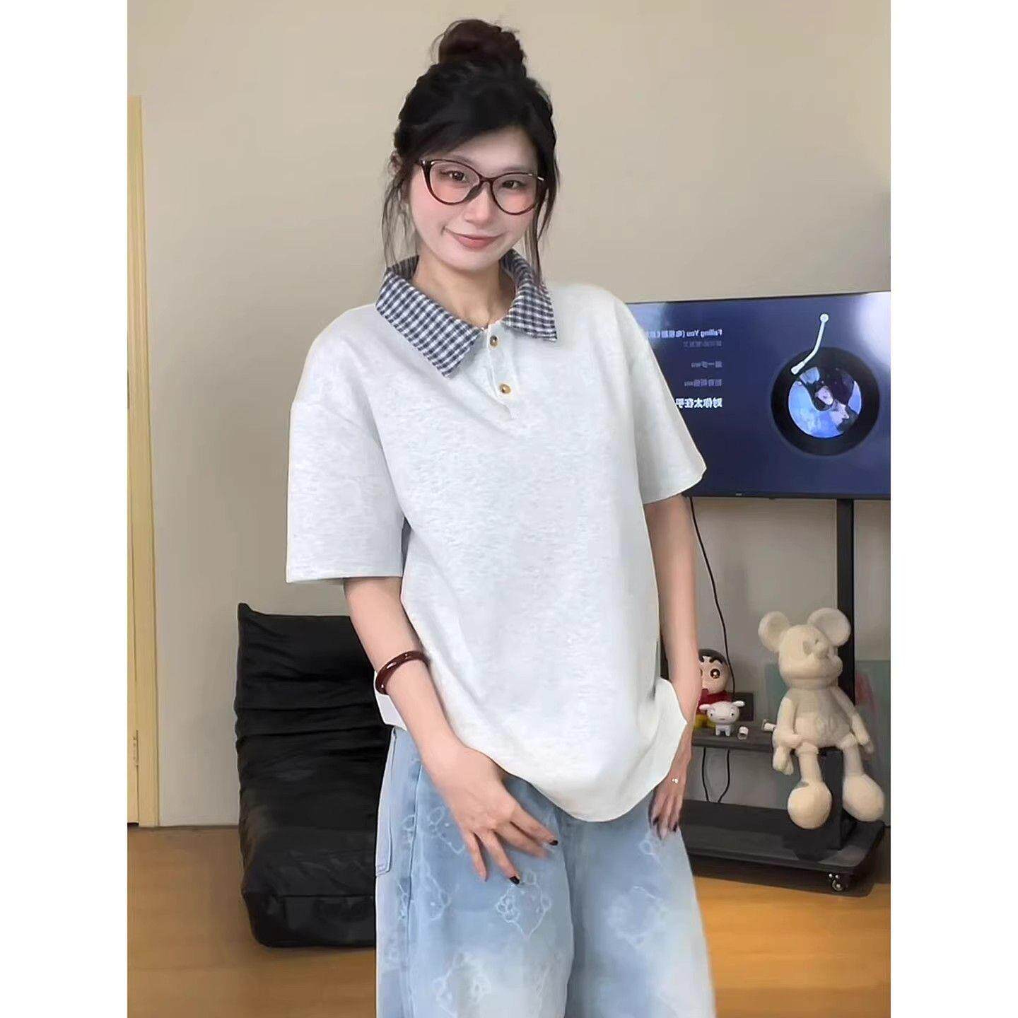 美式复古polo衫短袖t恤男女夏季小众设计感拼接格子宽松半袖上衣