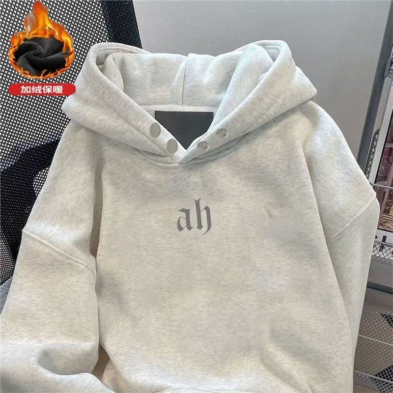 秋冬季新款潮牌简约纽扣连帽卫衣男女加绒加厚宽松潮流白灰色外套