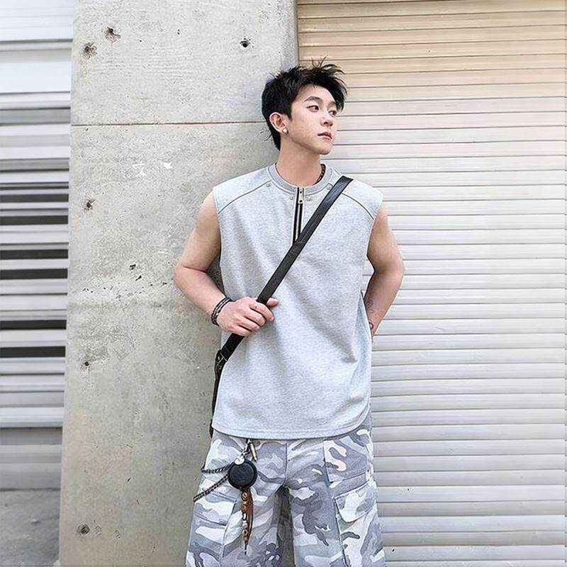 黑色铆钉半拉链无袖坎肩背心男夏季健身运动高级感痞帅大码打底衫