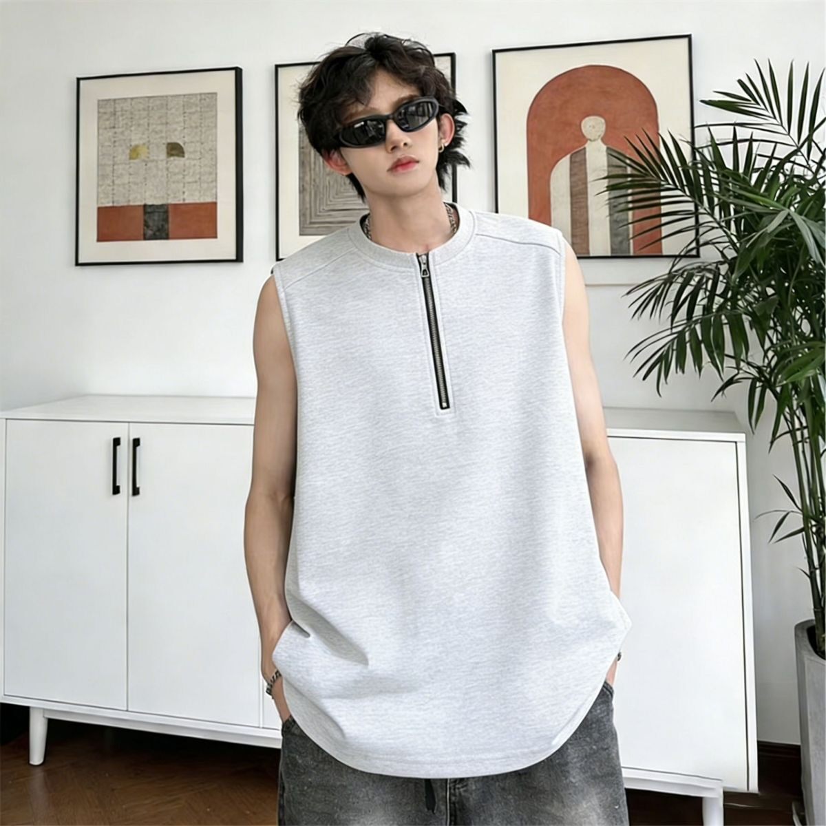 2026新款半拉链背心男款夏季设计感美式高街无袖t恤休闲运动坎肩