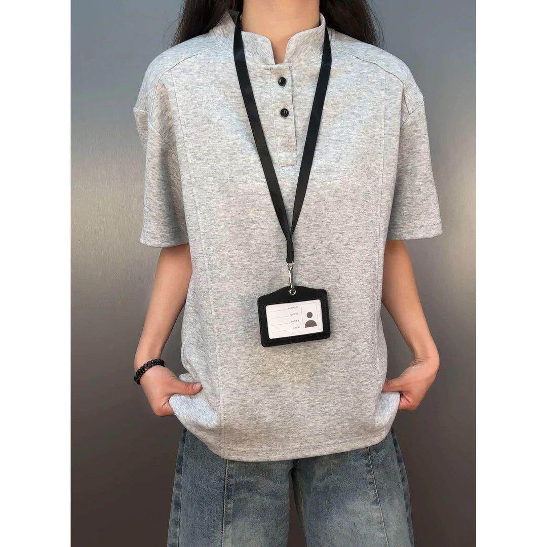 cleanfit美式亨利领正肩拼接短袖T恤男夏季高级感上衣半袖短款