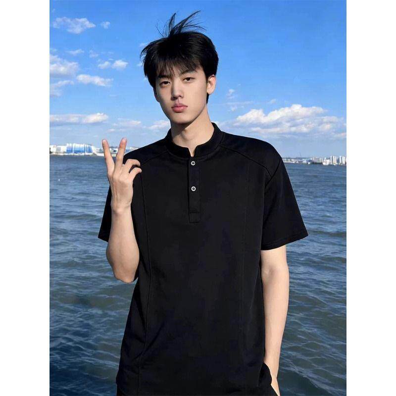 美式立领Polo衫短袖男高级感重磅亨利领正肩T恤cleanfit拼接半袖