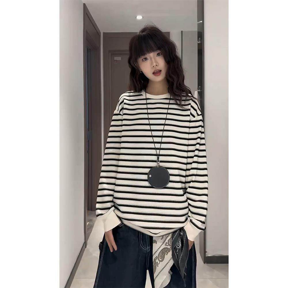 黑白条纹正肩长袖t恤男秋季美式慵懒感小领口卫衣重磅针织打底衫