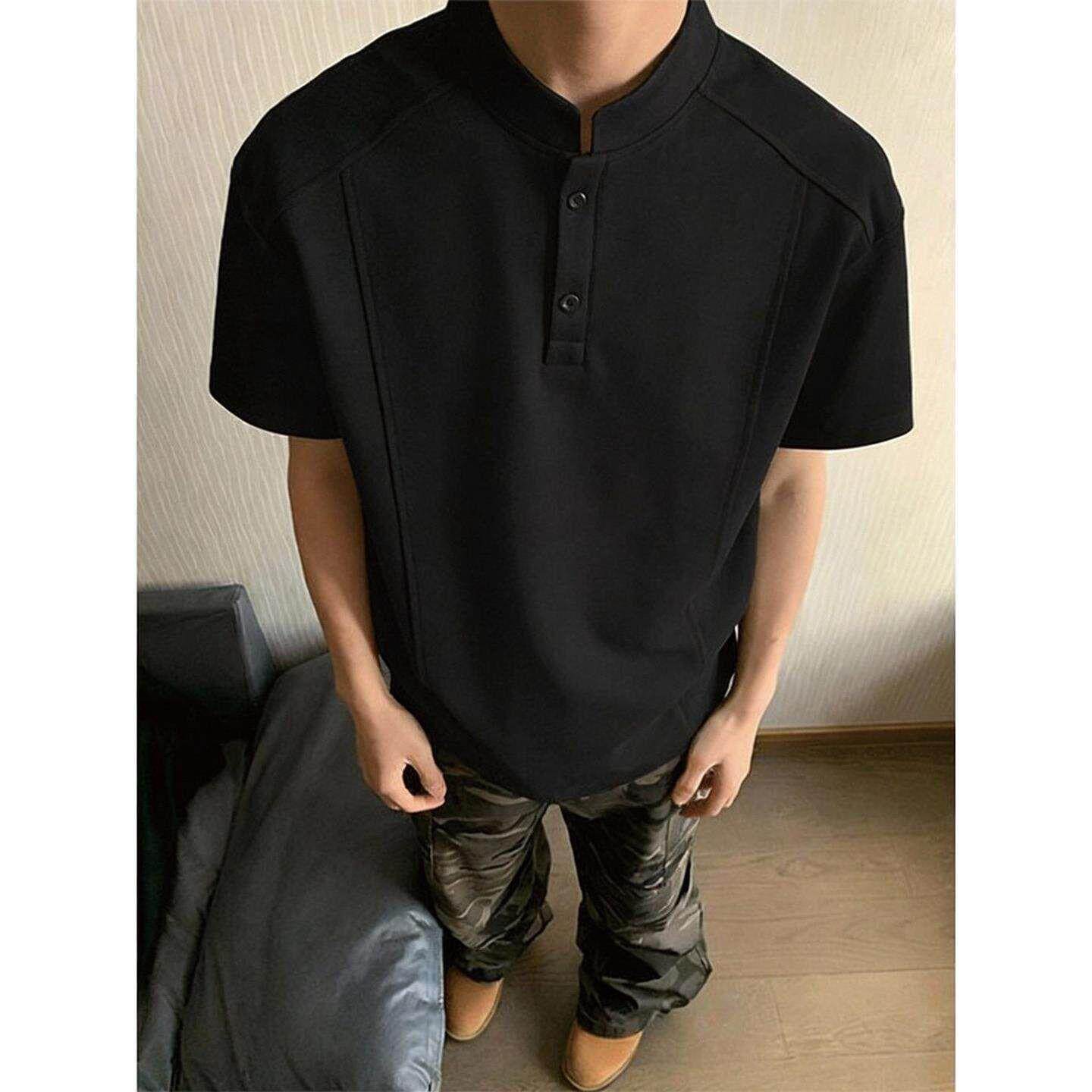 美式解构亨利领t恤男2026新款硬汉穿搭显瘦正肩短袖夏季半袖上衣