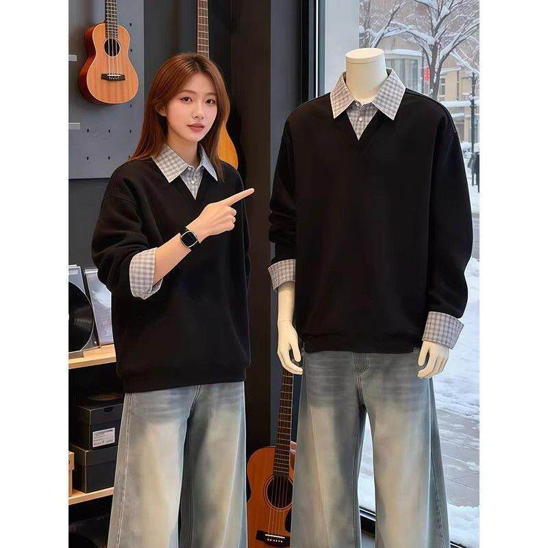 黑色假两件拼接polo衫卫衣男春秋美式潮牌设计感宽松情侣长袖上衣