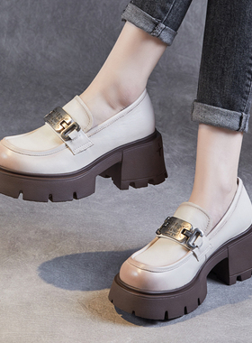 2025春新款真皮英伦风小皮鞋女厚底增高跟jk乐福鞋金属扣单鞋粗跟