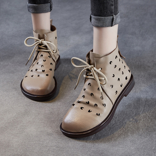 真皮平底凉靴2025夏季新款短靴牛筋软底妈妈舞蹈靴子大码洞洞女靴