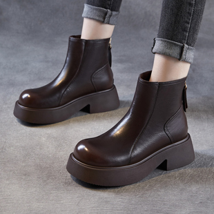厚底增高短靴女2025秋冬新款真皮复古裸靴大头马丁靴瘦瘦靴小个子