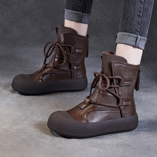 真皮手工复古罗马靴女2024秋冬季新款厚底休闲马丁靴牛皮短靴加绒