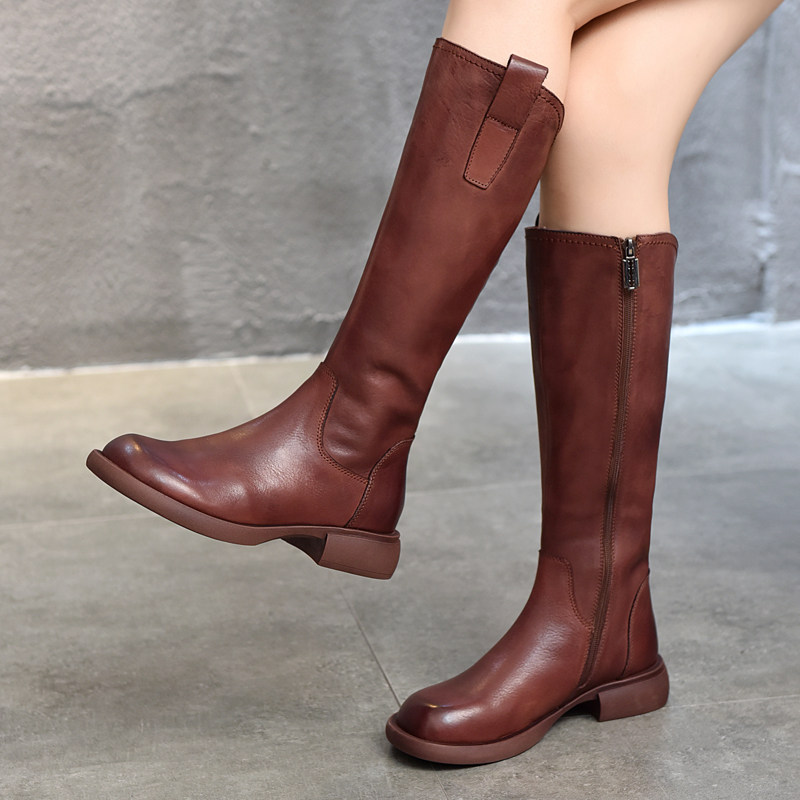 高端全真皮高筒靴子秋冬季加绒女靴头层牛皮中跟长靴侧拉链骑士靴