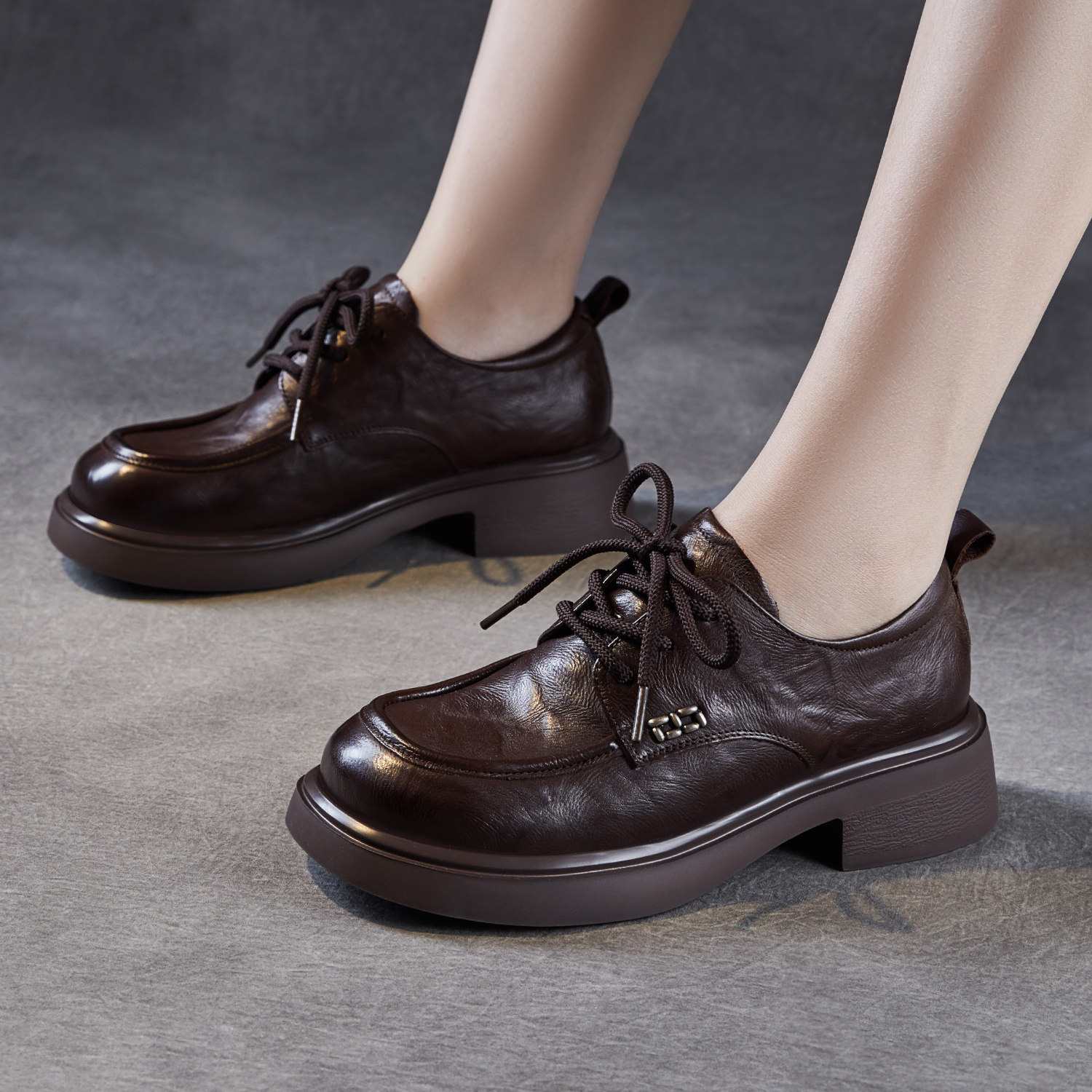 头层牛皮圆头系带乐福鞋女2025秋季新款轻奢手抓纹深口单鞋小皮鞋,女鞋,乐福鞋（豆豆鞋）,淘宝优惠券,粉丝福利购,淘宝优惠卷