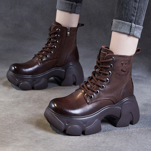 2025秋冬新款头层牛皮真皮马丁靴子松糕厚底增高跟复古短靴女加绒