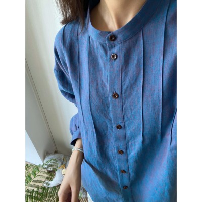 【现货】puhpow/ 蓝紫色织纯亚麻长袖前后两穿宽松衬衫