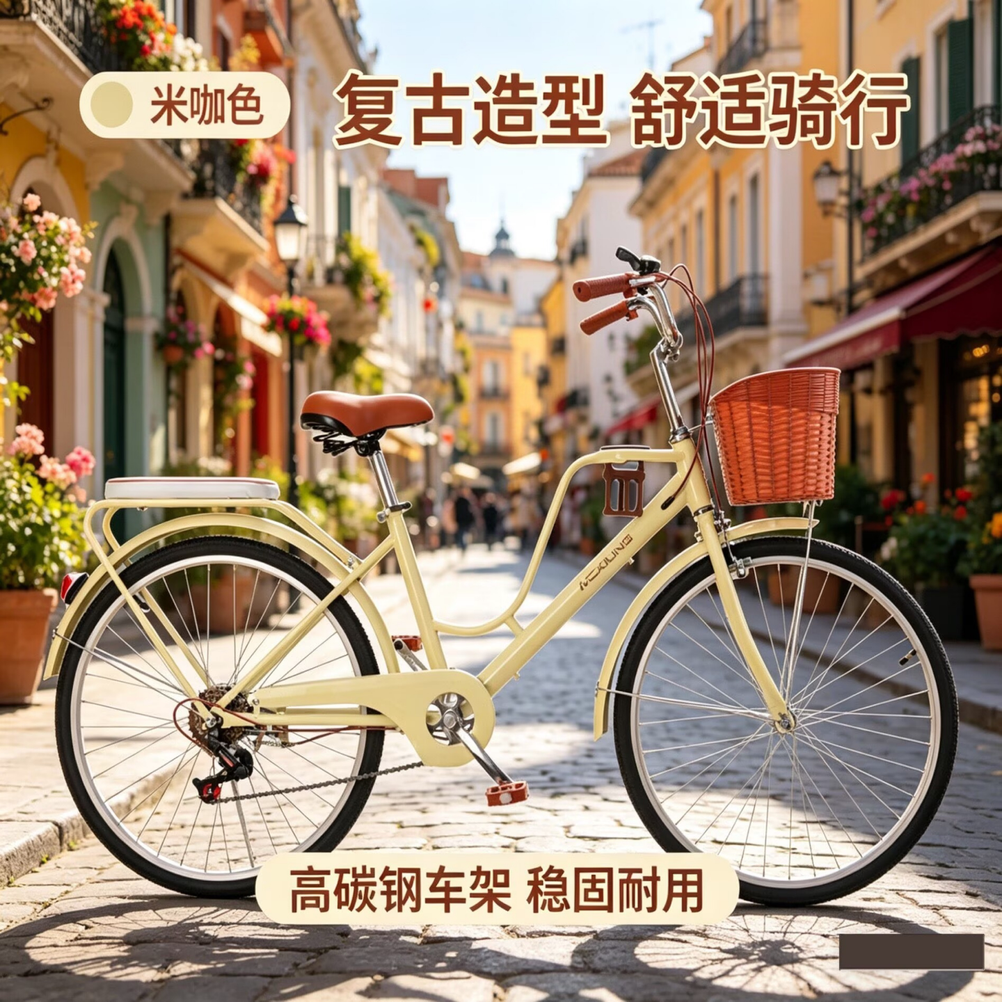自行车成人女式通勤复古式轻便24寸26实心胎男女士学生普通代步车