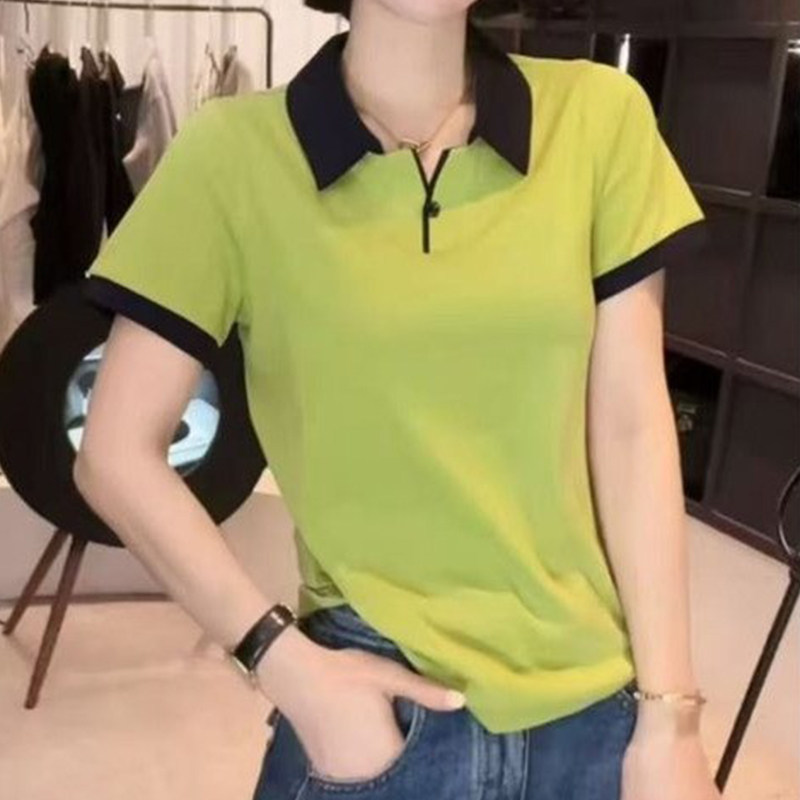 洋气休闲翻领撞色短袖T恤女2026夏季新款宽松显瘦减龄百搭棉上衣