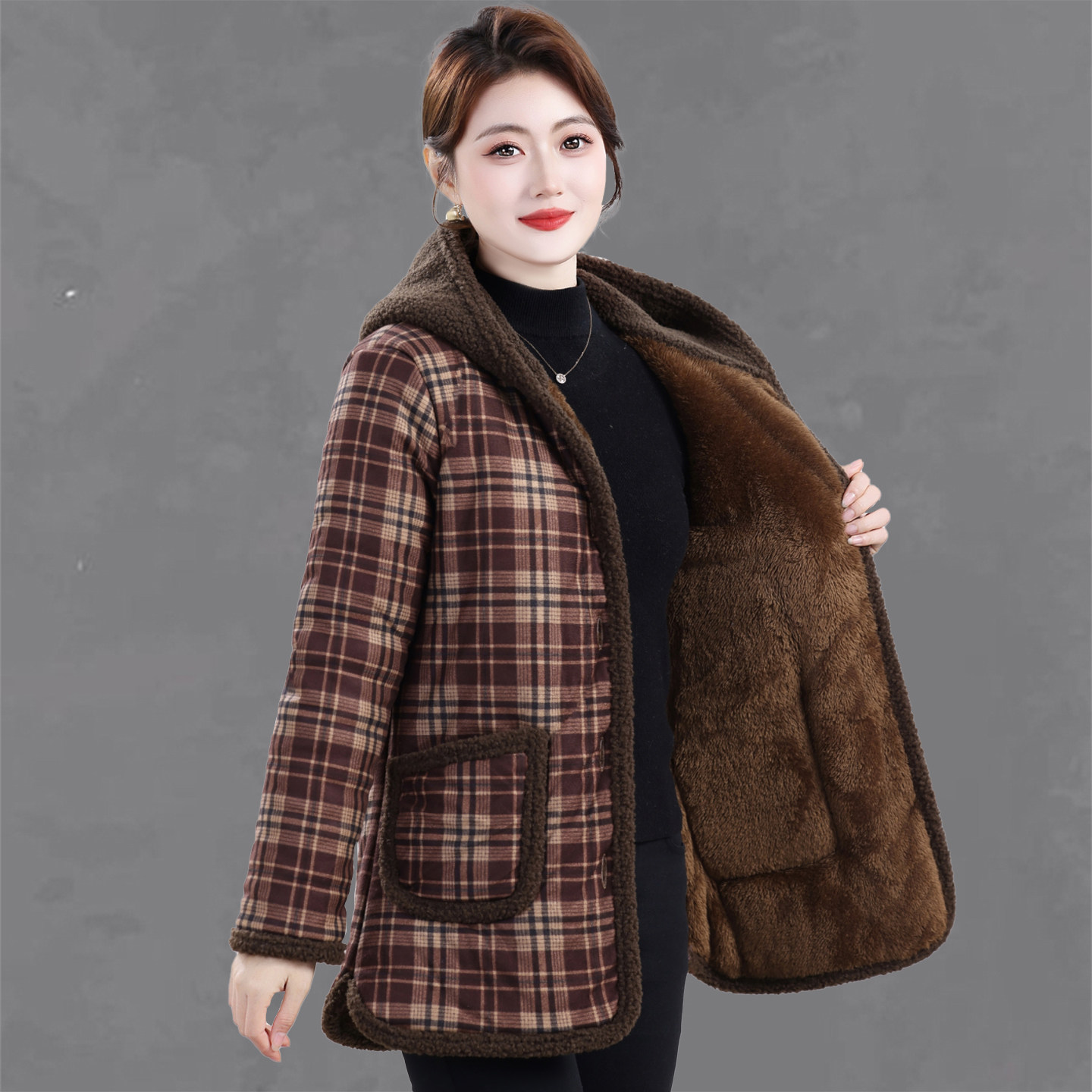妈妈装秋冬季中长款加绒棉服女中老年人格子连帽加厚保暖棉衣外套